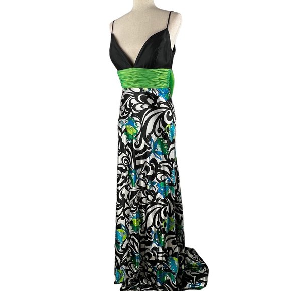 Stunning! Vintage JOVANI Black, Green, Blue Print Evening Gown Size 8 - Picture 4 of 15